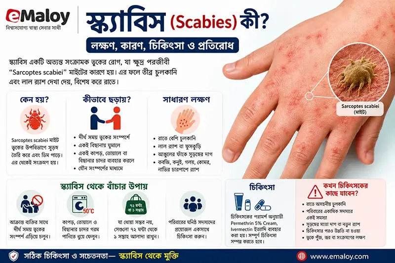 স্ক্যাবিস (Scabies) কী? কারণ, লক্ষণ, চিকিৎসা ও প্রতিরোধের সম্পূর্ণ গাইড